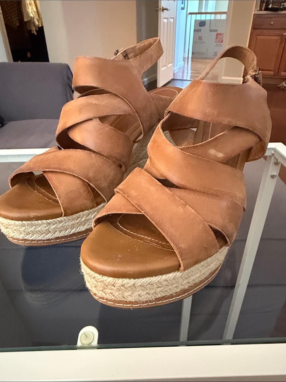 Clarks Tan Espadrille Platform Wedge Sandals